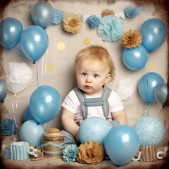 Fototapeta na wymiar One-year-old boy celebrates his first birthday with decoration in blue color, balloons. Generative AI