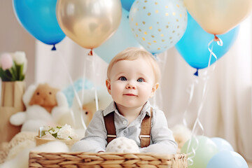 One-year-old boy celebrates his first birthday, balloons. Created with Generative AI