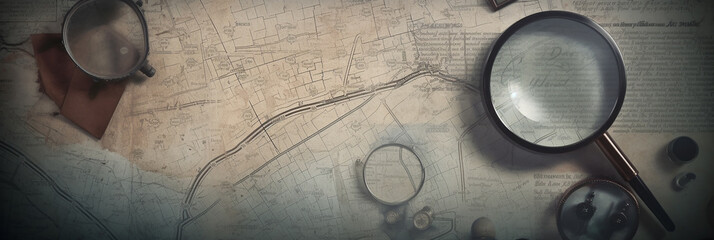 Vintage background on the theme of crime, police, detective, investigation. Magnifier. Old style. Banner AI Generative