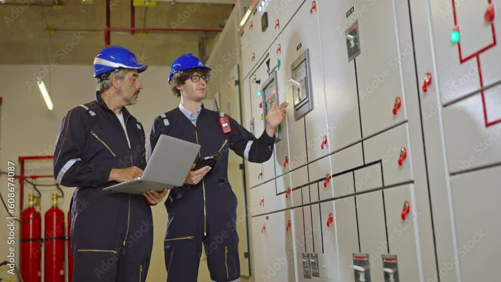 Poster team maintenance engineers inspect relay protection system with laptop computer.engineer checking an