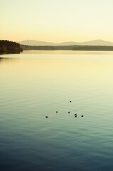 Summer water landscape, sunset lake and the mountains at the horizon lit by evening sunlight