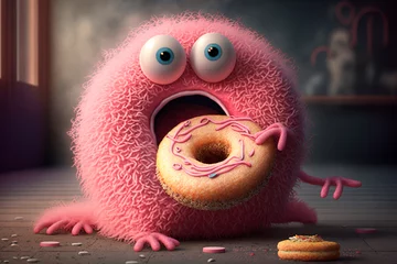 Fotobehang Eating donut with appetite. Generative AI. Cute pink fluffy monster eats doughnut with colored icing. National Donut Day or Fat Thursday. Image for children's book, pizzeria, notebook, signboard, cafe © Yuliia