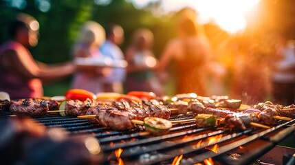 A vibrant summer BBQ party scene with the focus on sizzling meats grilling on the barbecue. The mouthwatering centerpiece delights with rich colors and textures.  - obrazy, fototapety, plakaty