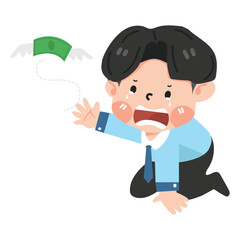 businessman crying sad with money flying away concept