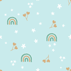 Seamless pattern with rainbow, heart shape flower and white flower on green mint background vector illustration. Cute childish print.