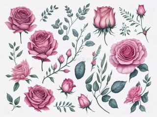 Watercolor Rose Flower Clipart on white background. Generative AI