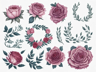 Watercolor Flower Wreath Clipart on white background. Generative AI