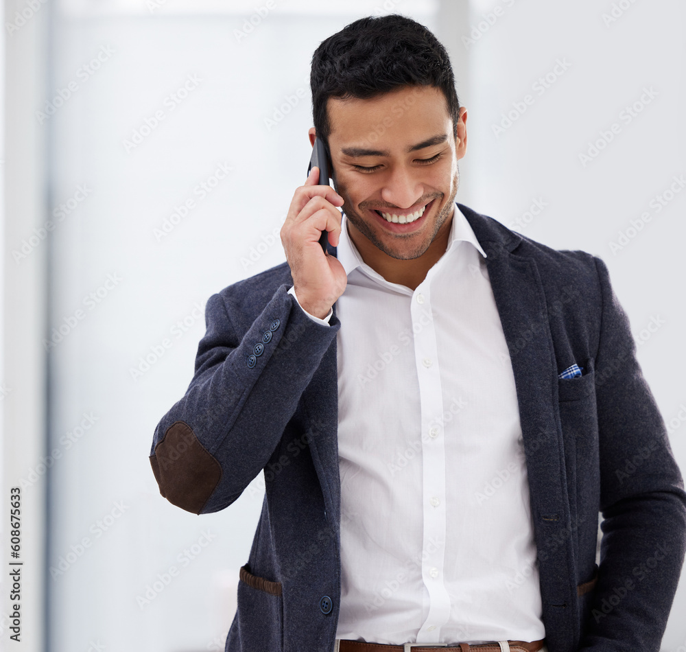 Poster smile, phone call and business man in office for networking, communication and contact. technology, 