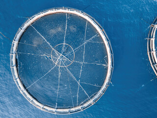 Industrial Fish Cage Farming in open sea, Aerial top view