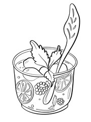 contour line illustration cartoon style food and drink lemonade citrus raspberry and mint ice in cup with print and sticker design element