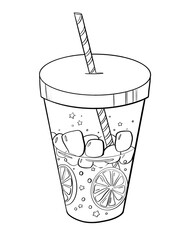 contour line illustration cartoon style food and drink lemonade citruses and ice summer glass with straw print and sticker design element