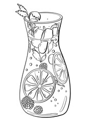 contour line illustration cartoon style food and drink lemonade citrus raspberry and mint ice in glass jar print and sticker design element