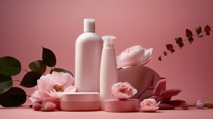 Obraz na płótnie Canvas Pink cosmetic products. Illustration AI Generative.