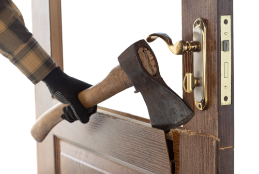 male hand in a black glove with an ax breaks the door, isolated background