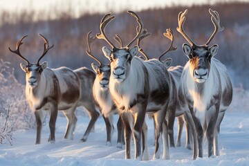 Herd of Reindeer Trekking Across Snow-Covered Field - AI Generative