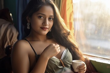 beautiful latina girl with a cup of hot coffee at the window illustration generative ai - obrazy, fototapety, plakaty