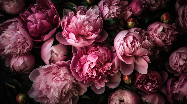 Pink and purple peonies flat lay wallpaper. AI