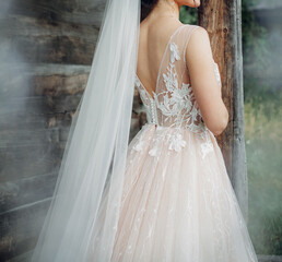 A stylish bride in a milky wedding dress and veil stands near a rural wooden house. Image for your creative design or illustrations.