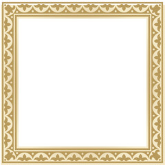 Vector golden square Kazakh national ornament. Ethnic pattern of the peoples of the Great Steppe, Mongols, .Kyrgyz, Kalmyks, Buryats. Square frame border.