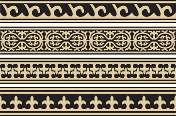 Vector set of golden and black seamless Kazakh national ornament. Ethnic endless pattern of the peoples of the Great Steppe, .Mongols, Kyrgyz, Kalmyks, Buryats. circle, frame border.