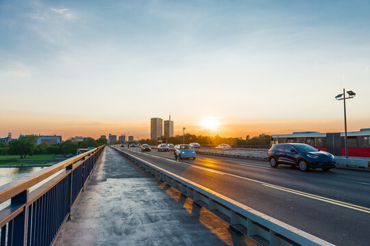 Branko's Bridge during sunset in Belgrade