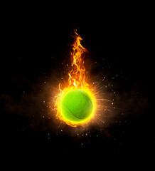Tennis Ball, on fire on black background