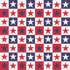 Red, white and blue American checkered stars seamless pattern. For independence day, fourth of July background, posters, fabric and  home décor 