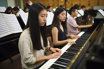 Music class at high school, two female Asian students playing a piano, generative ai