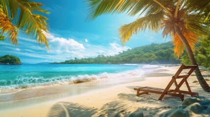 Fototapeta na wymiar Beautiful tropical beach and sea with chair on blue sky. Illustration AI Generative.