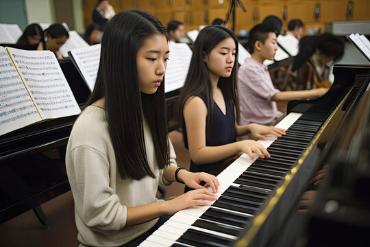Music Class At High School, Two Female Asian Students Playing A Piano, Generative Ai