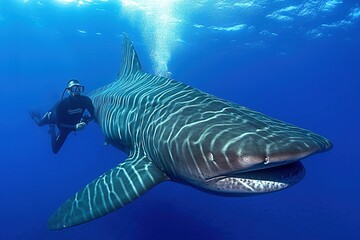 Captivating Underwater Scene: Shark, Sea Creatures, and Scuba Diver - AI Generative