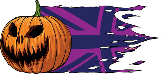 vector illustration of Halloween pumpkin with british flag - obrazy, fototapety, plakaty