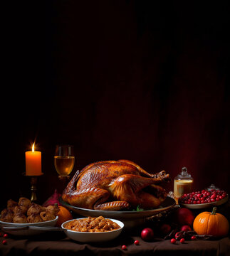 Thanksgiving Turkey On Elegant Table Set Candle Light, No People. Generative AI