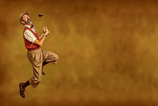 Funny golf sport player in elegant retro fashion style dress, comical jump, banner with copy space. Generative AI