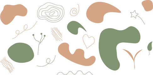 Set of hand drawn shapes in terracotta, Collection of organic shapes, logo, backgrounds,abstract design elements with floral decor.