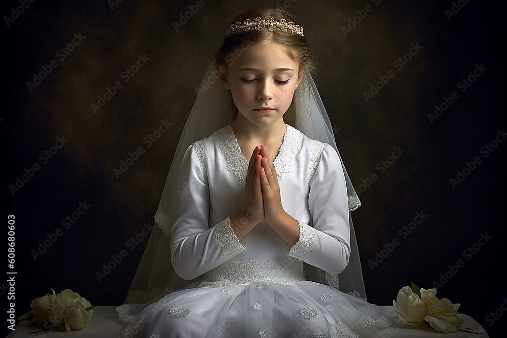 Wall mural a praying girl in her first communion outfit. ai generativ.