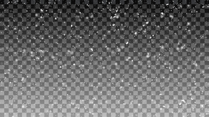 Vector falling snow overlay. Realistic shining snowfall background for Christmas banner of winter collection decoration isolated on transparent with copy space. Stock illustration.