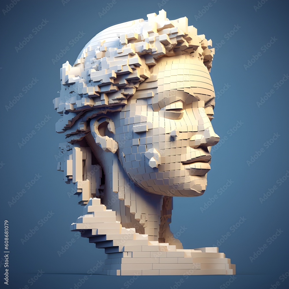 Wall mural broken ancient greek statue woman head falling in pieces., cracking bust, pixel art. ai generated