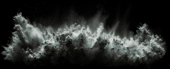 Black and white powdered dust particles explosion on black background. Generative Ai.