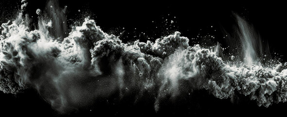 Black and white powdered dust particles explosion on black background. Generative Ai.