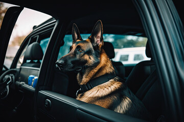 K9 police dog waiting in a car, generative ai