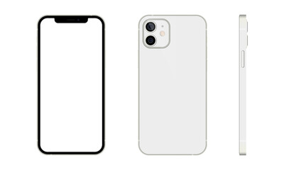 Modern white mobile phones with empty screens in three different perspectives. 