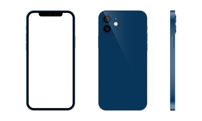 Blue vector phone in three different perspectives. Vector graphic.