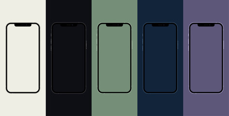 Set of 5 modern smartphones in different colors
