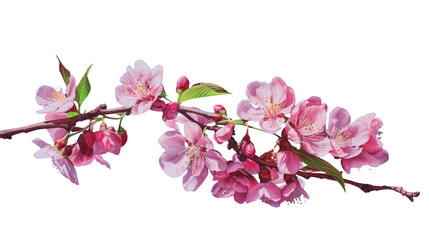 White spring Pink cherry or apple blossom flowers tree branch with green leaves isolated transparent background png. Generative ai