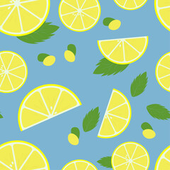 summer seamless pattern with lemon and mint on blue background, fresh pattern