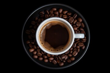 A cup of Espresso, close of view, seamless coffee beans background, overhead angle