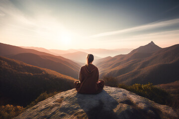yoga on the mountain, woman having a relax time, ai generated