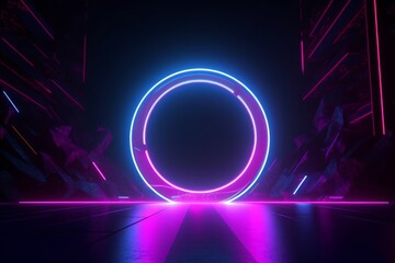 3d render, abstract background, cosmic landscape, round portal, pink blue neon light, virtual reality, energy source, glowing round frame, dark space, Generative AI