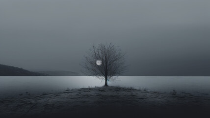 A lone great tree on a puddle in the water, a foggy, gloomy, dramatic, cinematic, magical Atmosphere. The full moon is visible from behind the tree.  Created with Generative AI technology.	